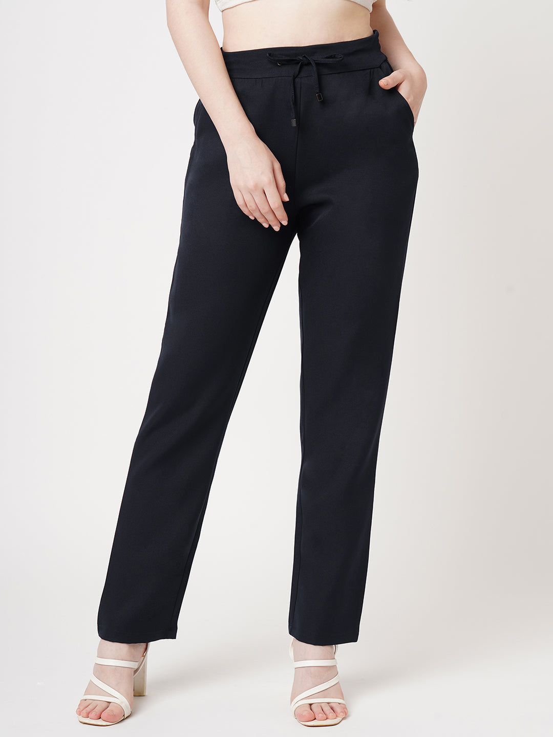 Women Navy Mid-Rise Slim Fit Trousers