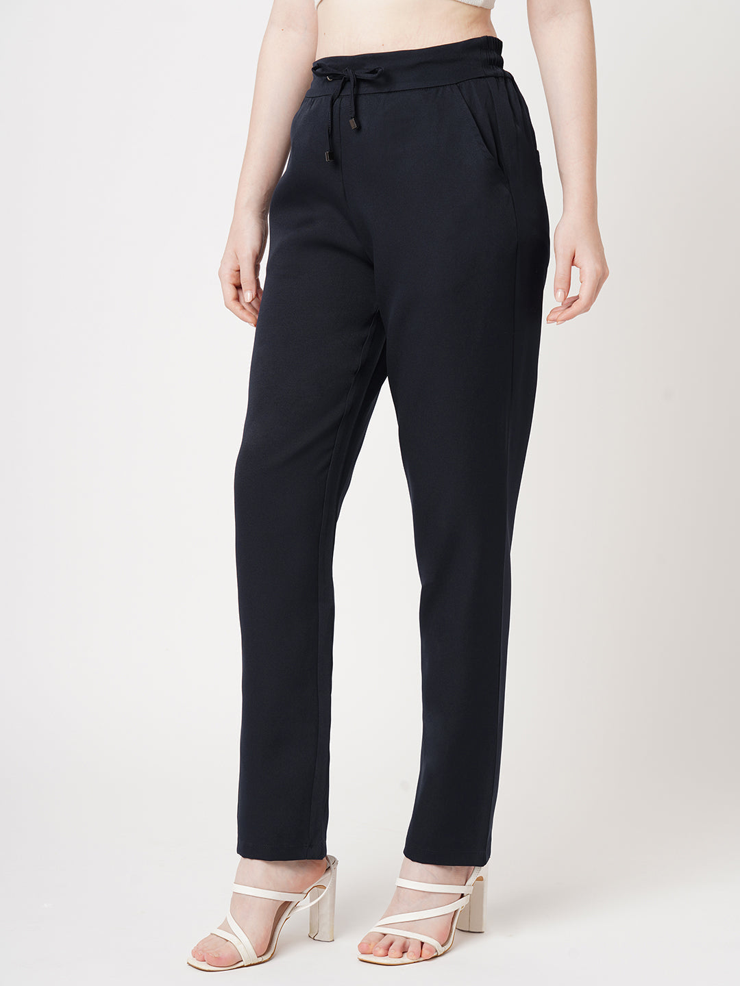 Women Navy Mid-Rise Slim Fit Trousers