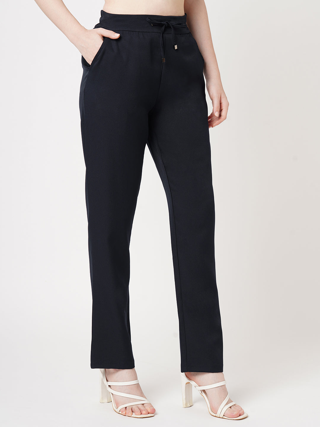 Women Navy Mid-Rise Slim Fit Trousers