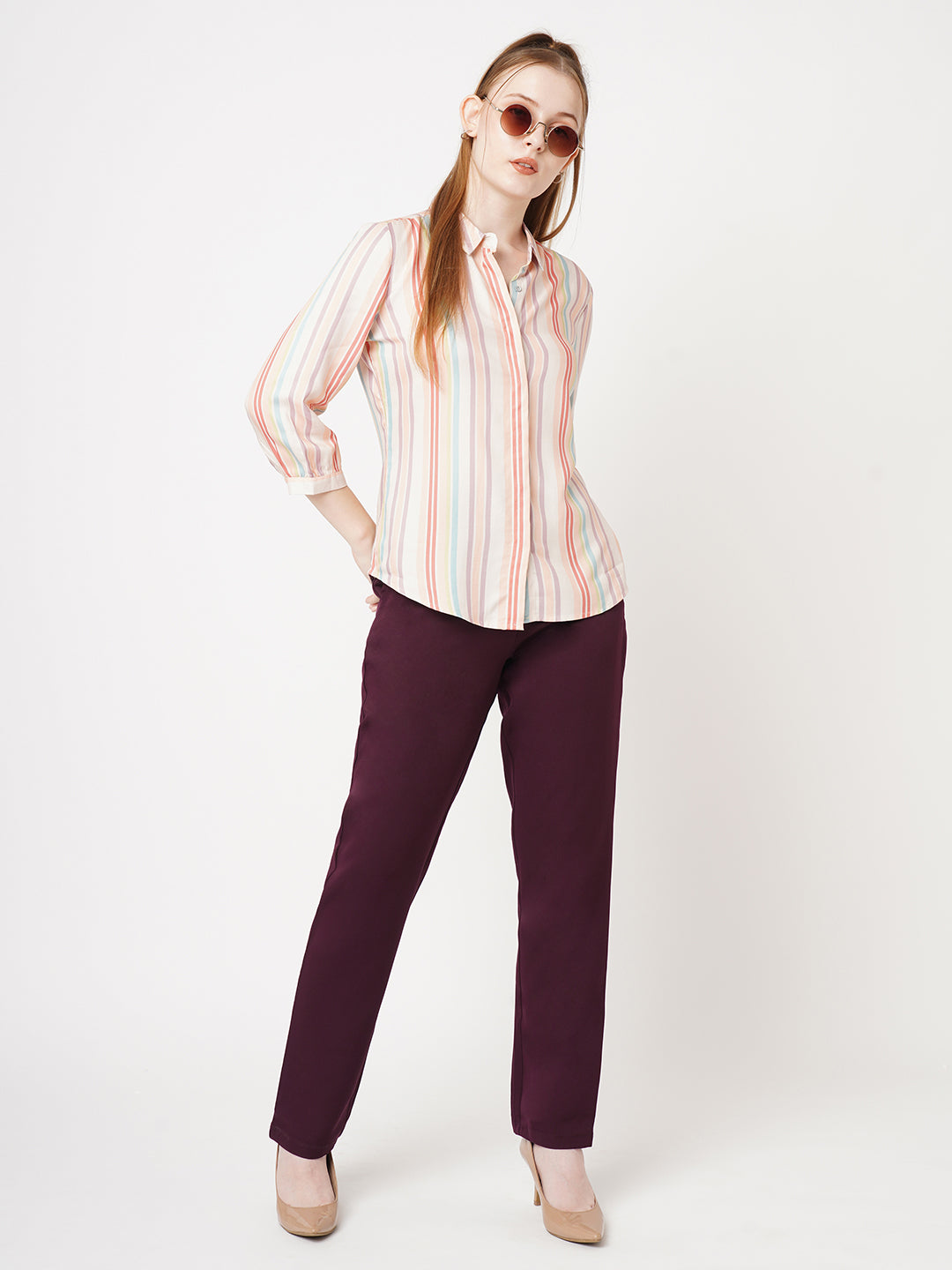 Women Wine Mid-Rise Slim Fit Trousers