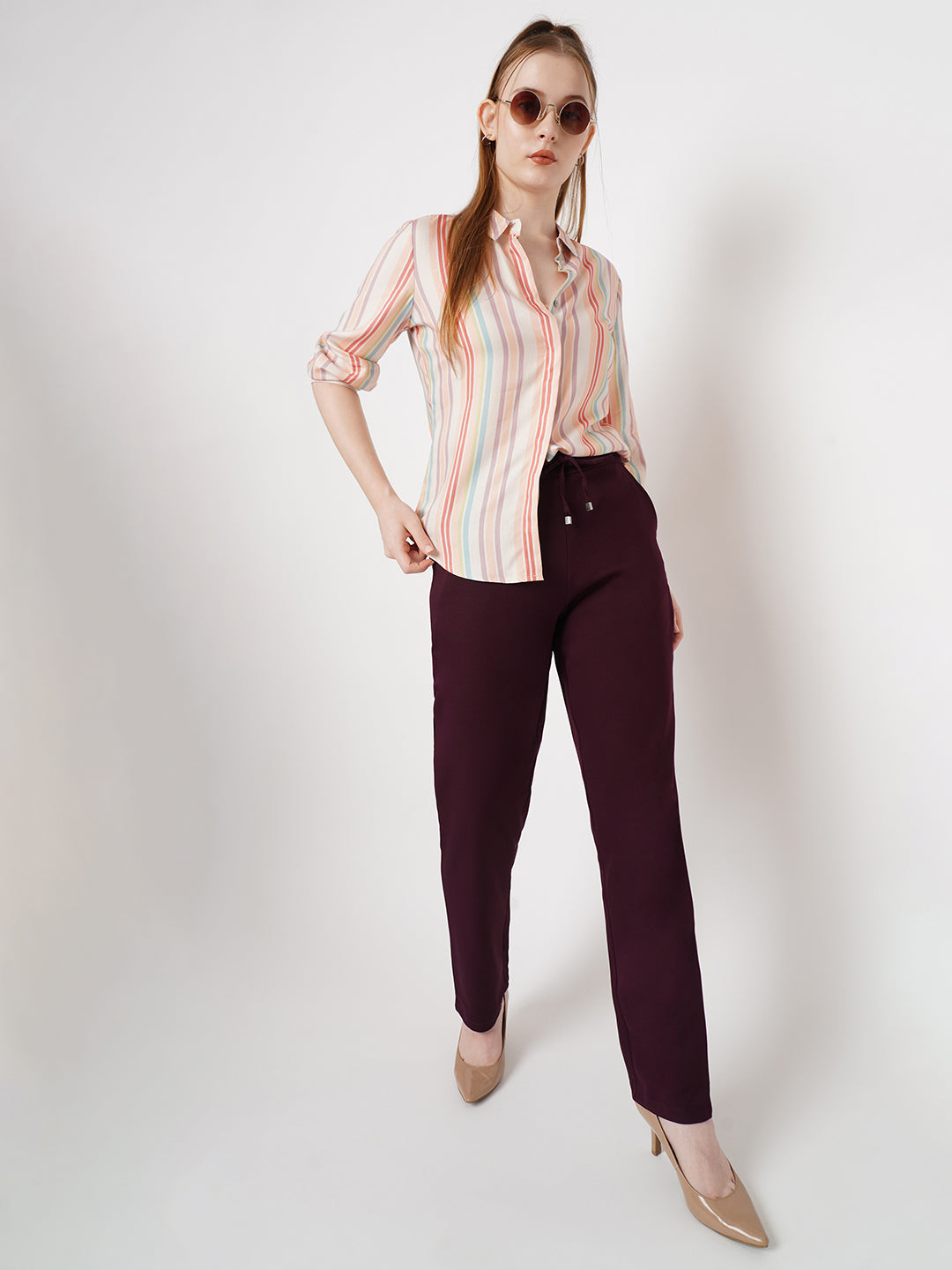 Women Wine Mid-Rise Slim Fit Trousers