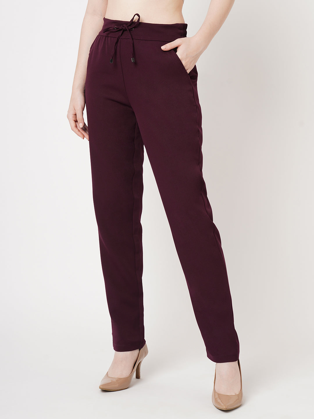 Women Wine Mid-Rise Slim Fit Trousers
