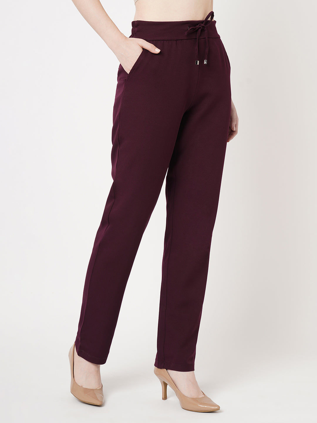 Women Wine Mid-Rise Slim Fit Trousers