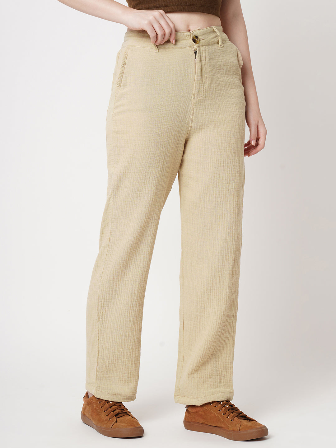Women Oatmilk Mid-Rise Trousers