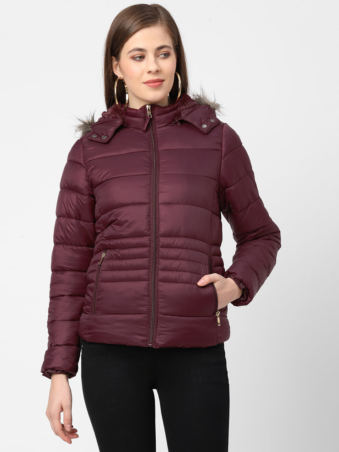 Women Maroon Padded Jacket With Faux-Fur Lined Hood