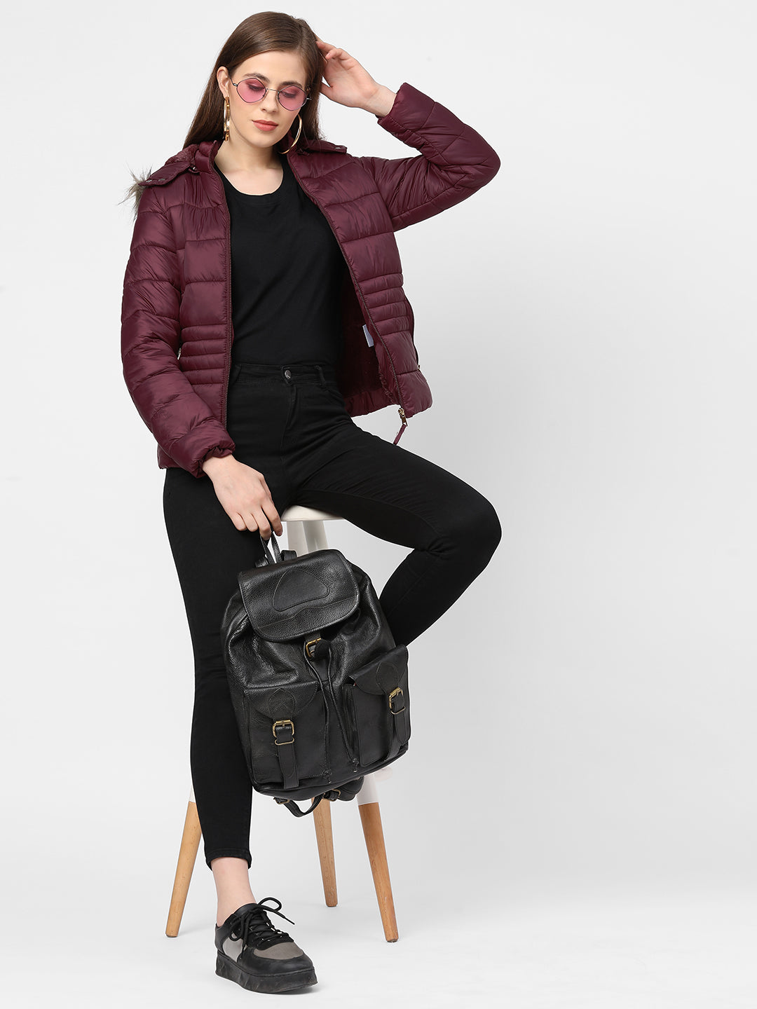 Women Maroon Padded Jacket With Faux-Fur Lined Hood