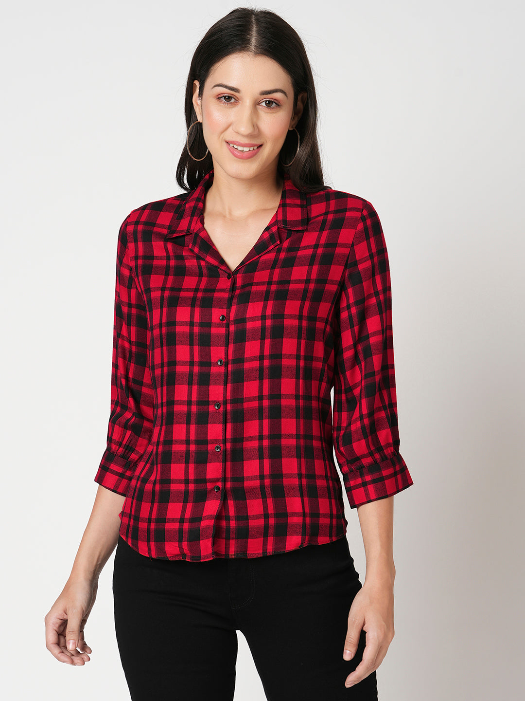 Women Slim Fit Red-Black Checks Shirt
