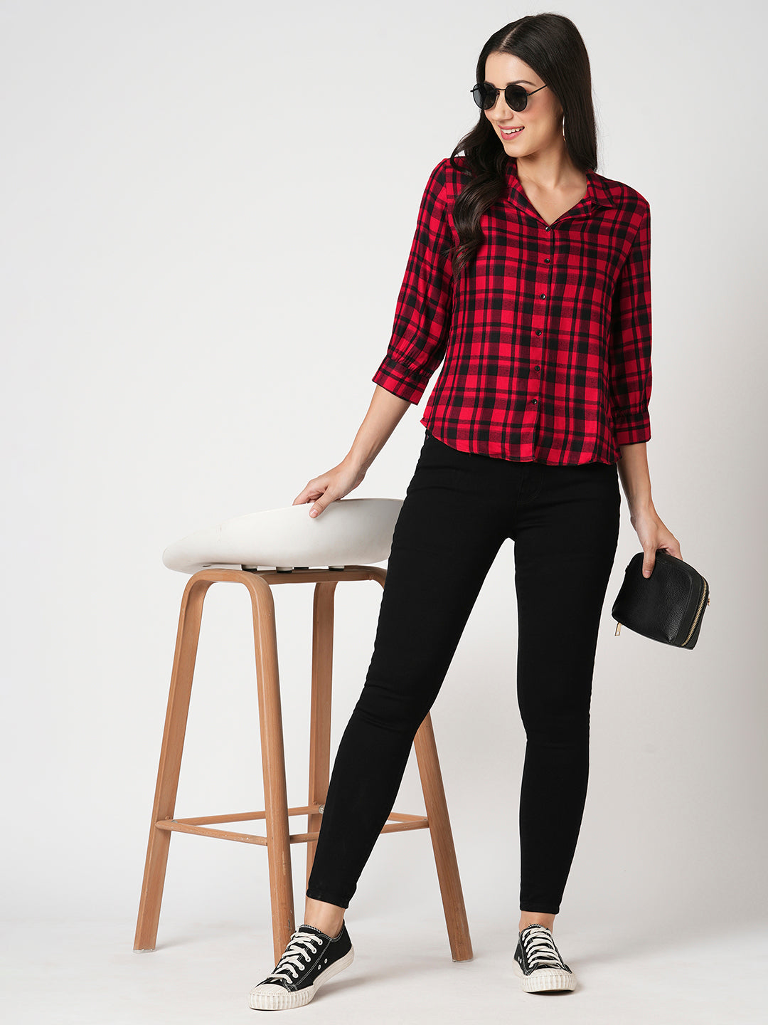 Women Slim Fit Red-Black Checks Shirt