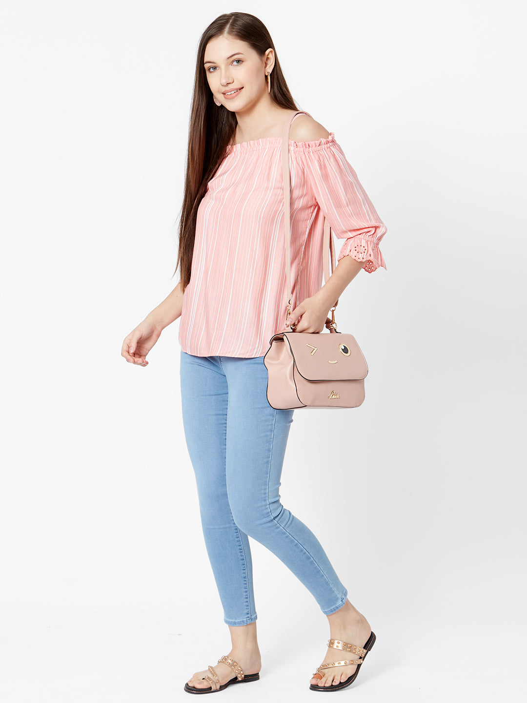 Women Peach/White Off Shoulder Top