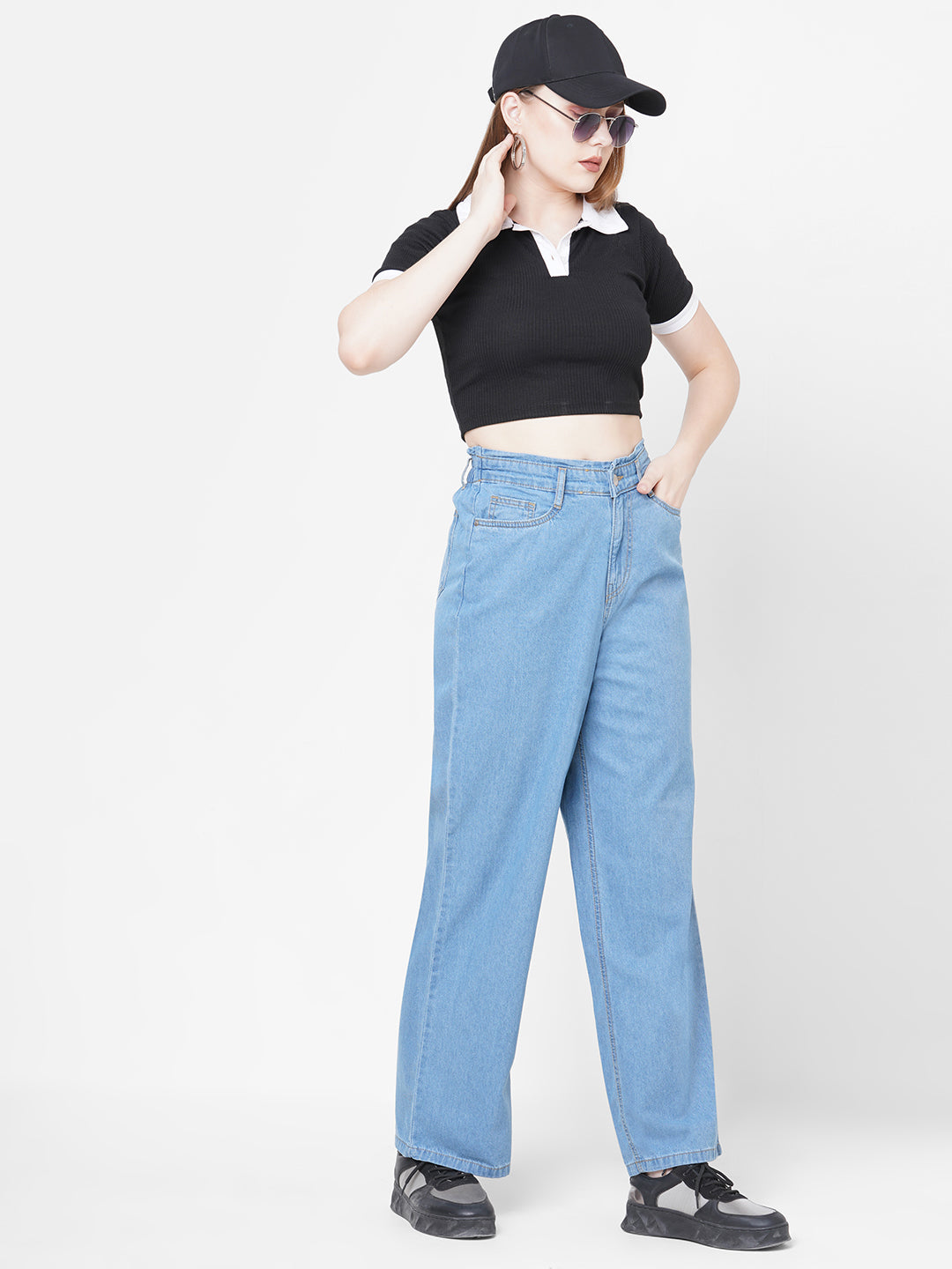 Women Light Blue High-Rise Wide Leg Jeans