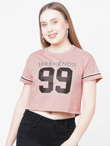 Women Blush Pink Printed Short Sleeves Athleisure Top