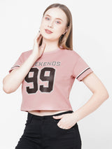 Women Blush Pink Printed Short Sleeves Athleisure Top