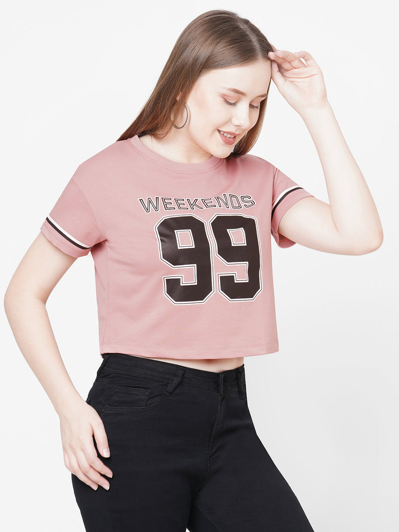 Women Blush Pink Printed Short Sleeves Athleisure Top