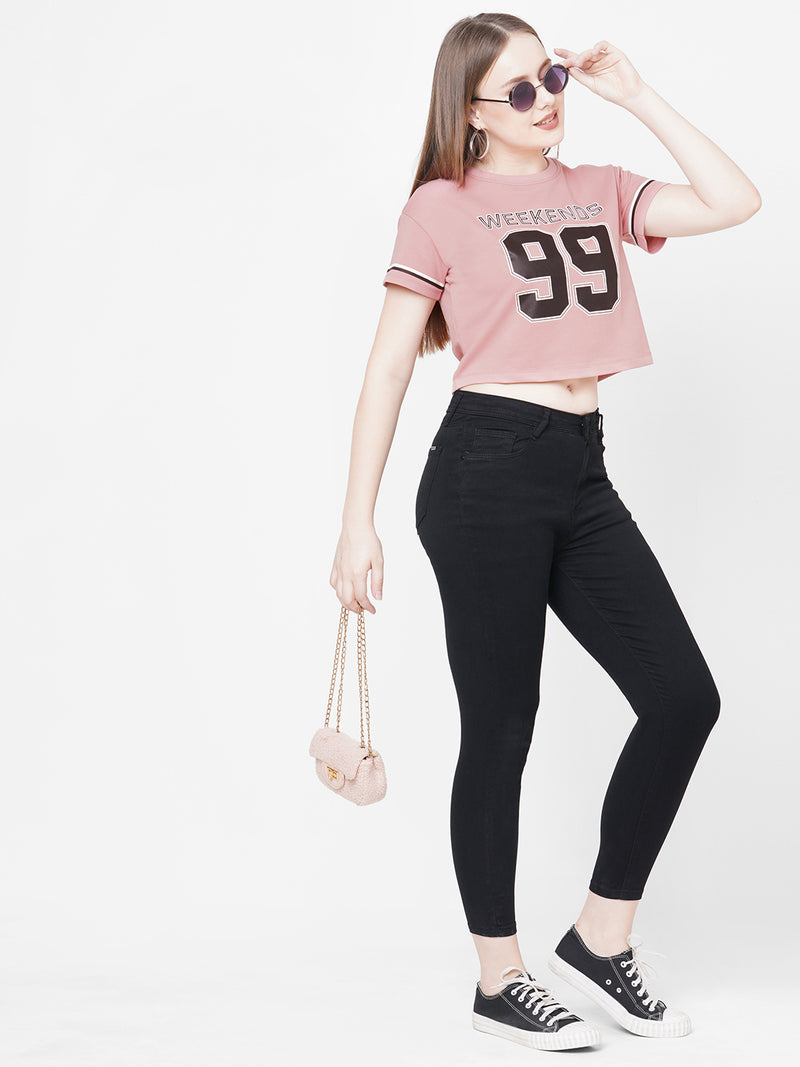 Women Blush Pink Printed Short Sleeves Athleisure Top