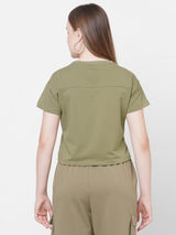 Women Olive Printed Short Sleeves Athleisure Top
