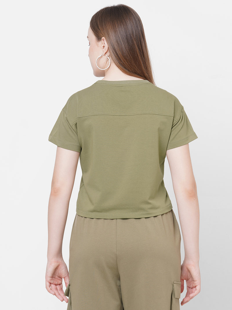 Women Olive Printed Short Sleeves Athleisure Top