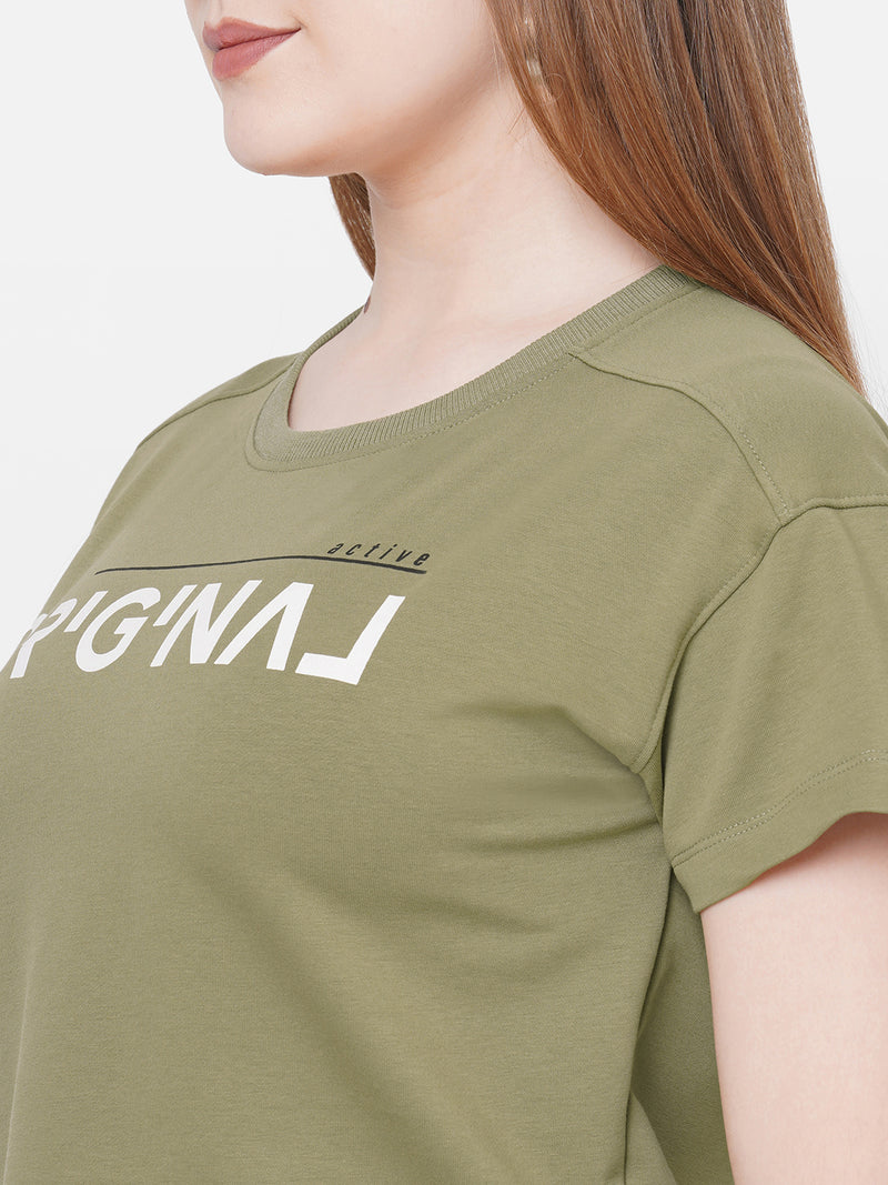 Women Olive Printed Short Sleeves Athleisure Top