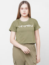 Women Olive Printed Short Sleeves Athleisure Top