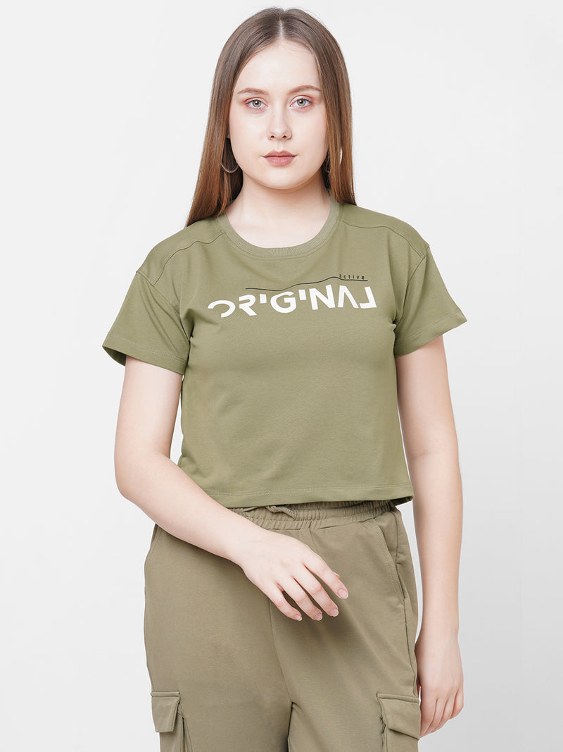 Women Olive Printed Short Sleeves Athleisure Top