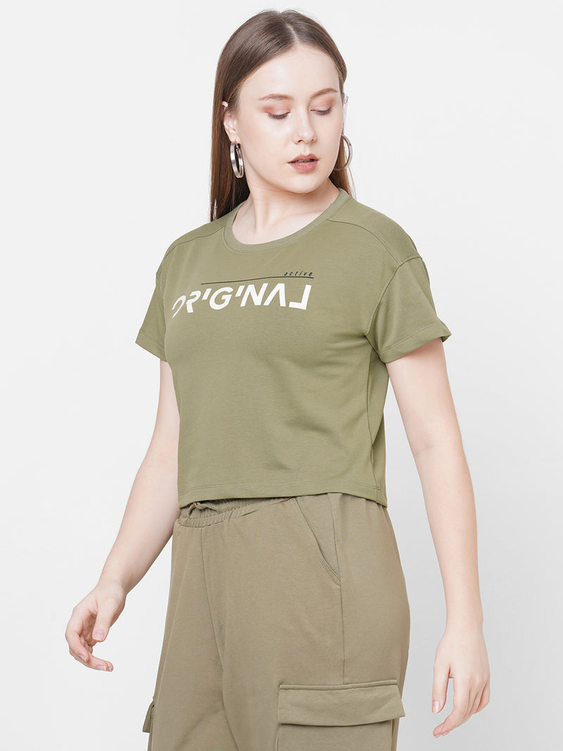 Women Olive Printed Short Sleeves Athleisure Top