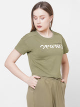 Women Olive Printed Short Sleeves Athleisure Top