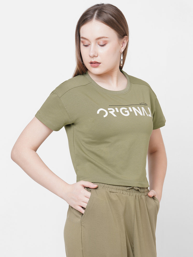 Women Olive Printed Short Sleeves Athleisure Top