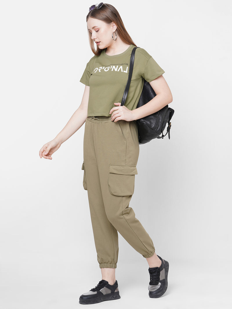 Women Olive Printed Short Sleeves Athleisure Top