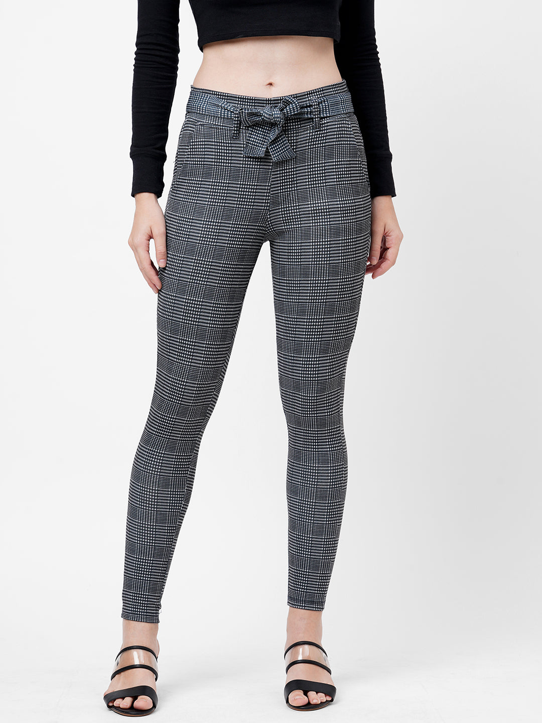 Women Black & Grey High-Rise Paper Bag Pants