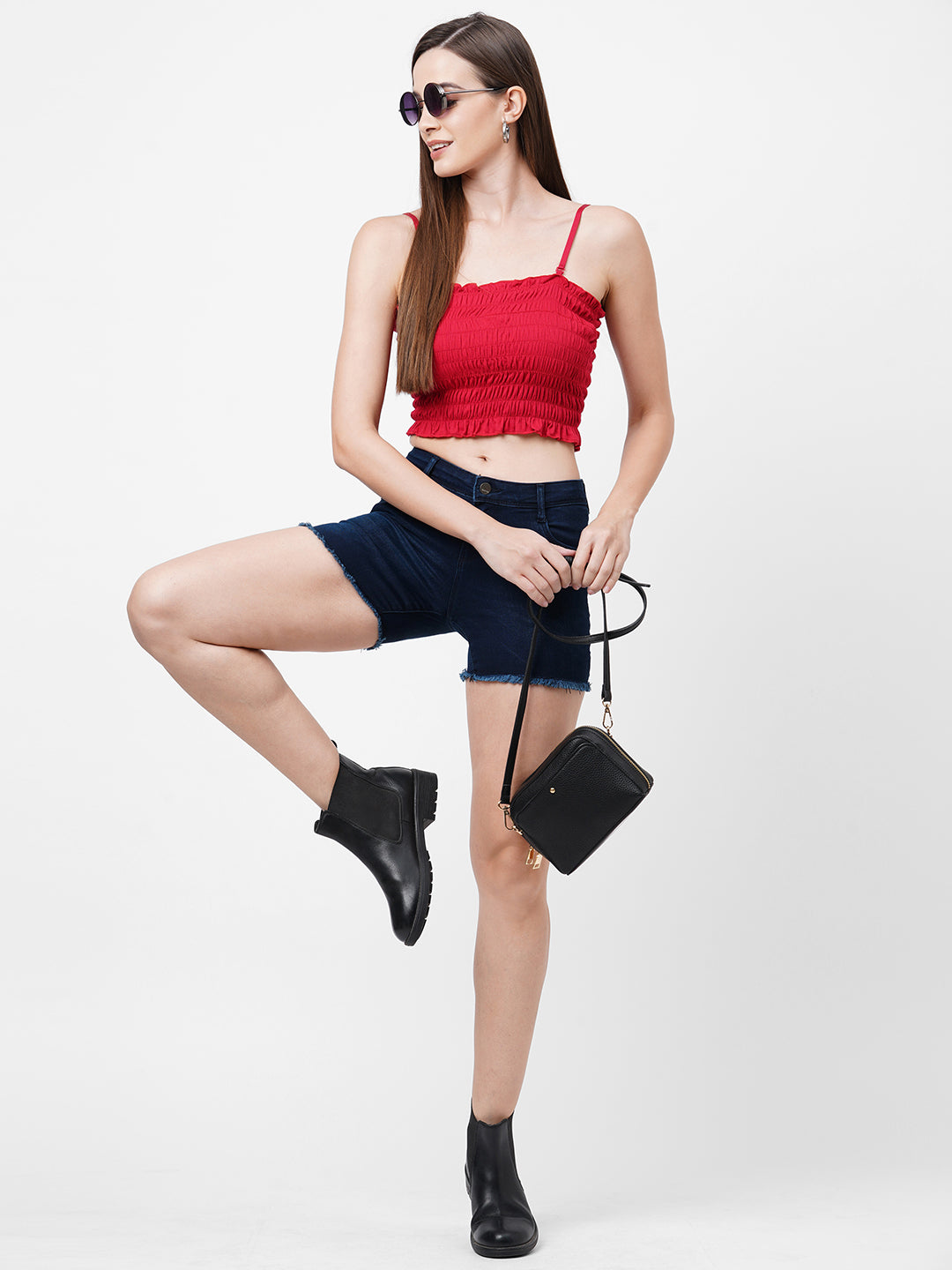 Women Dark Blue High-Rise Slim Shorts