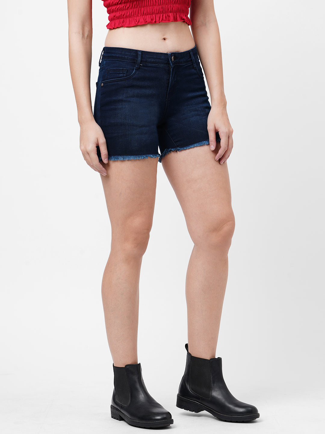 Women Dark Blue High-Rise Slim Shorts