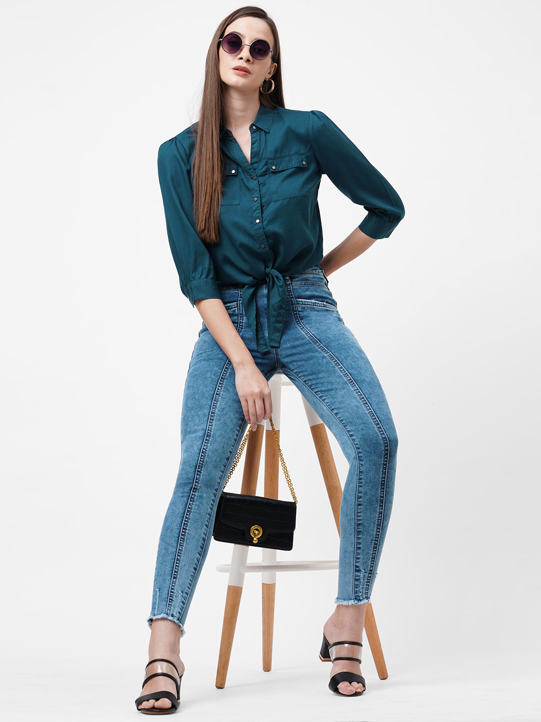 Women Teal Slim Crop Shirt