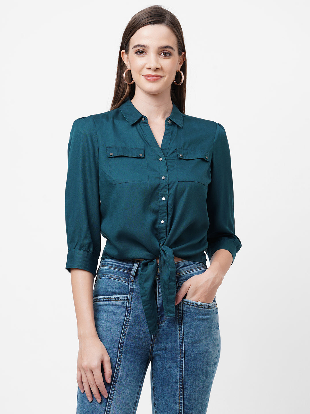 Women Teal Slim Crop Shirt