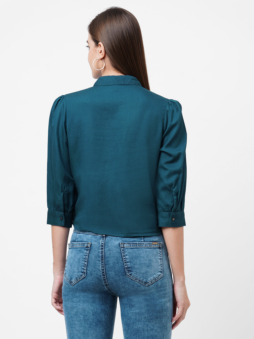 Women Teal Slim Crop Shirt