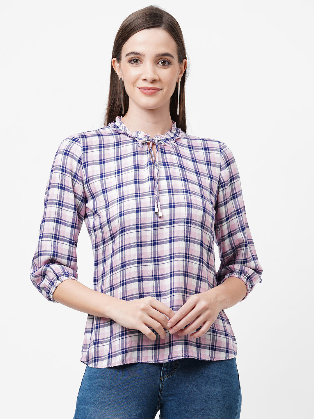 Women Navy/Pink Checks Top