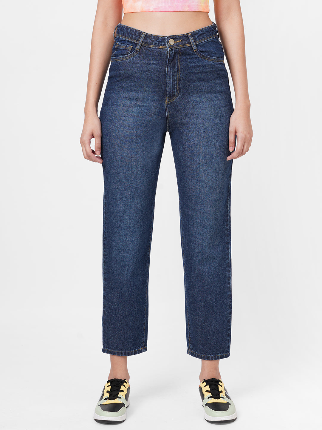 Women Dark Blue High-Rise Mom Fit Jeans