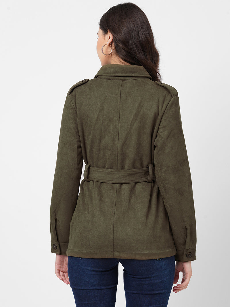 Women Olive Solid Full Length Jackets & Shrugs