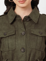 Women Olive Solid Full Length Jackets & Shrugs