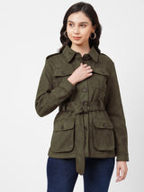 Women Olive Solid Full Length Jackets & Shrugs