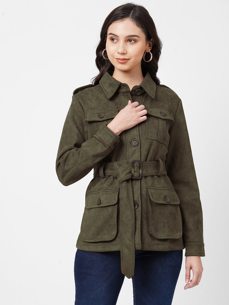 Women Olive Solid Full Length Jackets & Shrugs