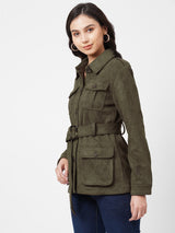 Women Olive Solid Full Length Jackets & Shrugs