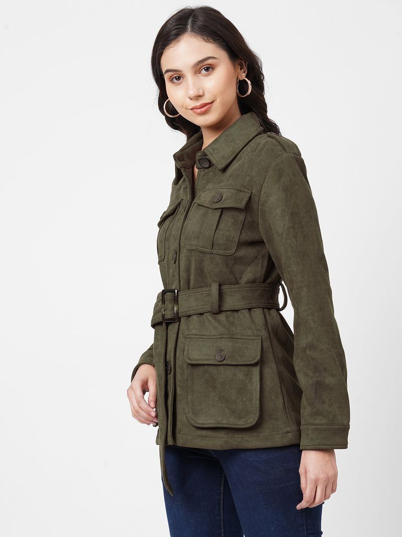 Women Olive Solid Full Length Jackets & Shrugs