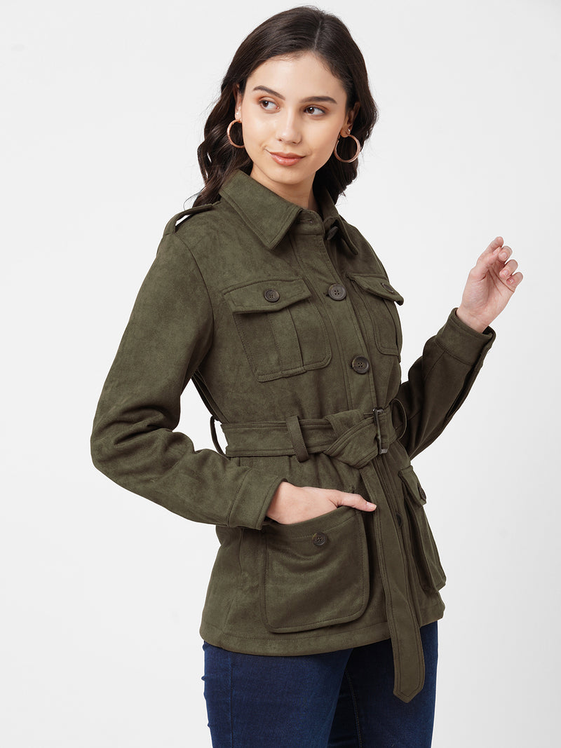 Women Olive Solid Full Length Jackets & Shrugs