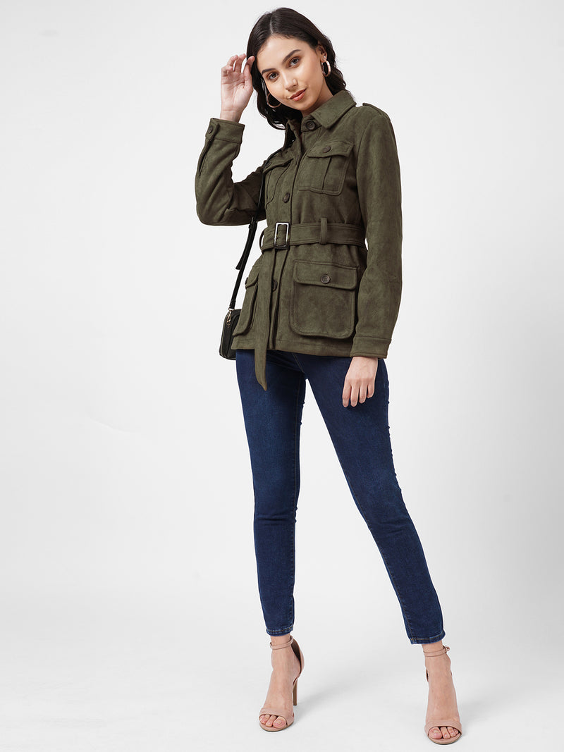 Women Olive Solid Full Length Jackets & Shrugs