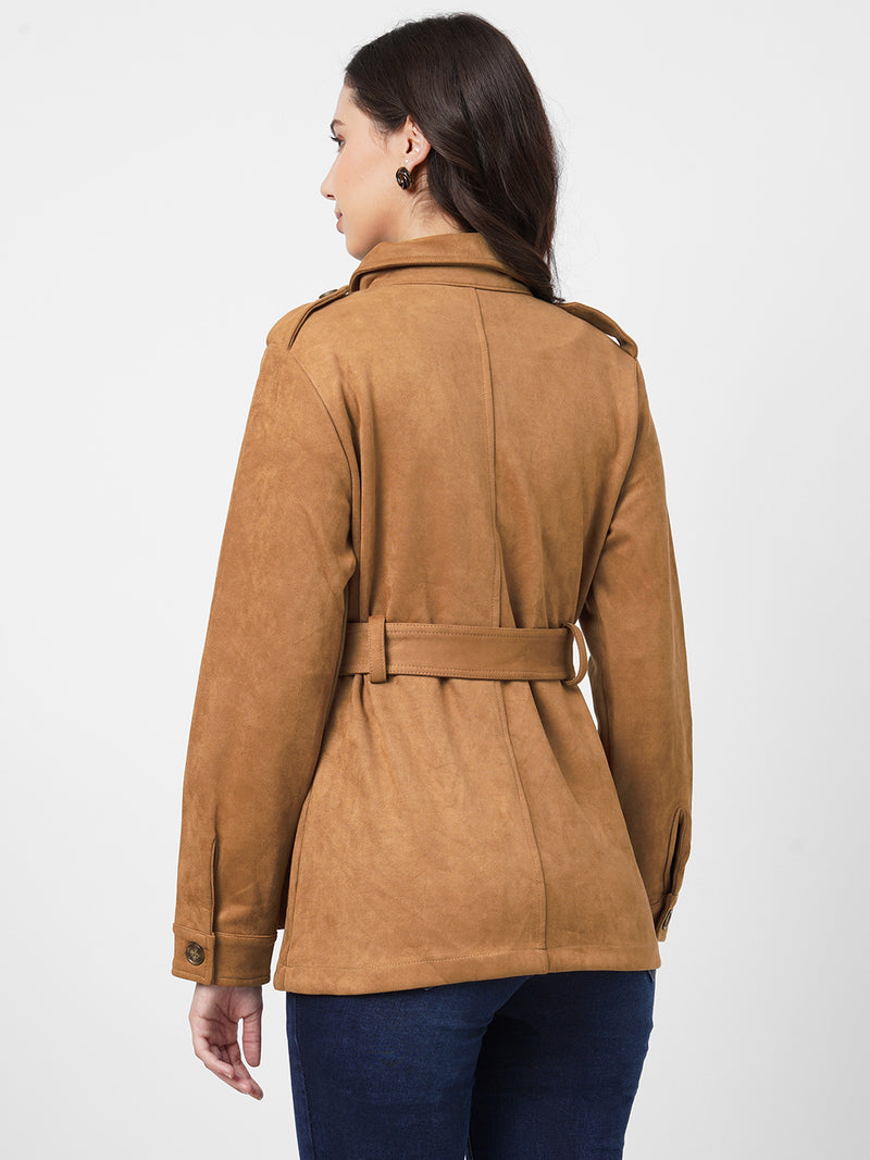 Women Tan Solid Full Length Jackets & Shrugs