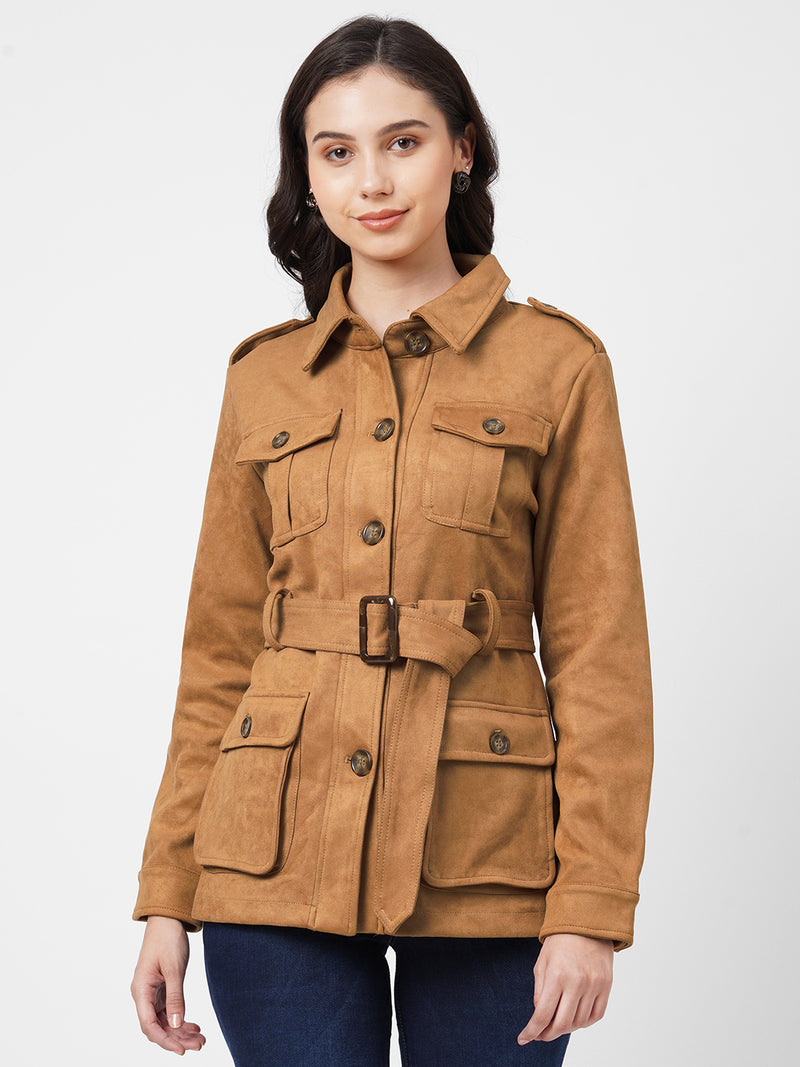 Women Tan Solid Full Length Jackets & Shrugs