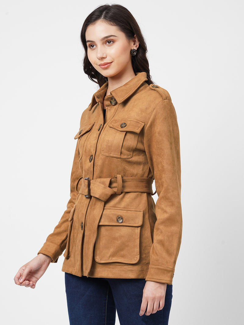 Women Tan Solid Full Length Jackets & Shrugs