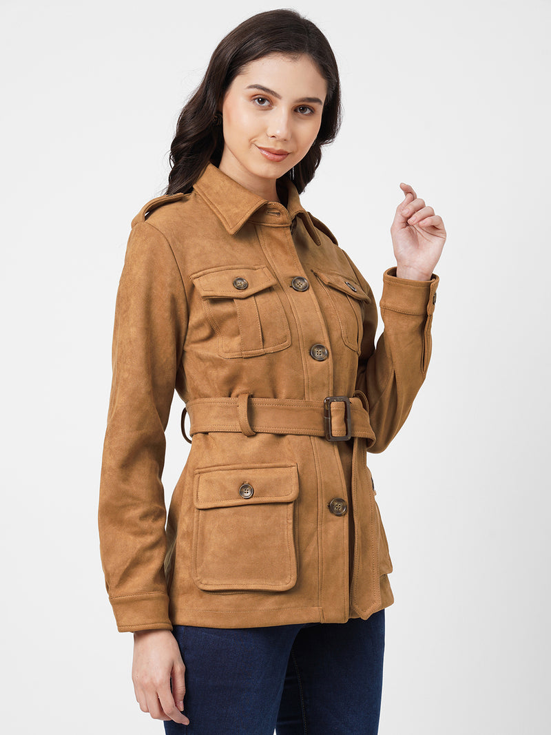 Women Tan Solid Full Length Jackets & Shrugs