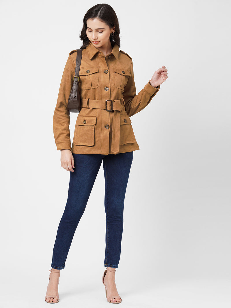 Women Tan Solid Full Length Jackets & Shrugs