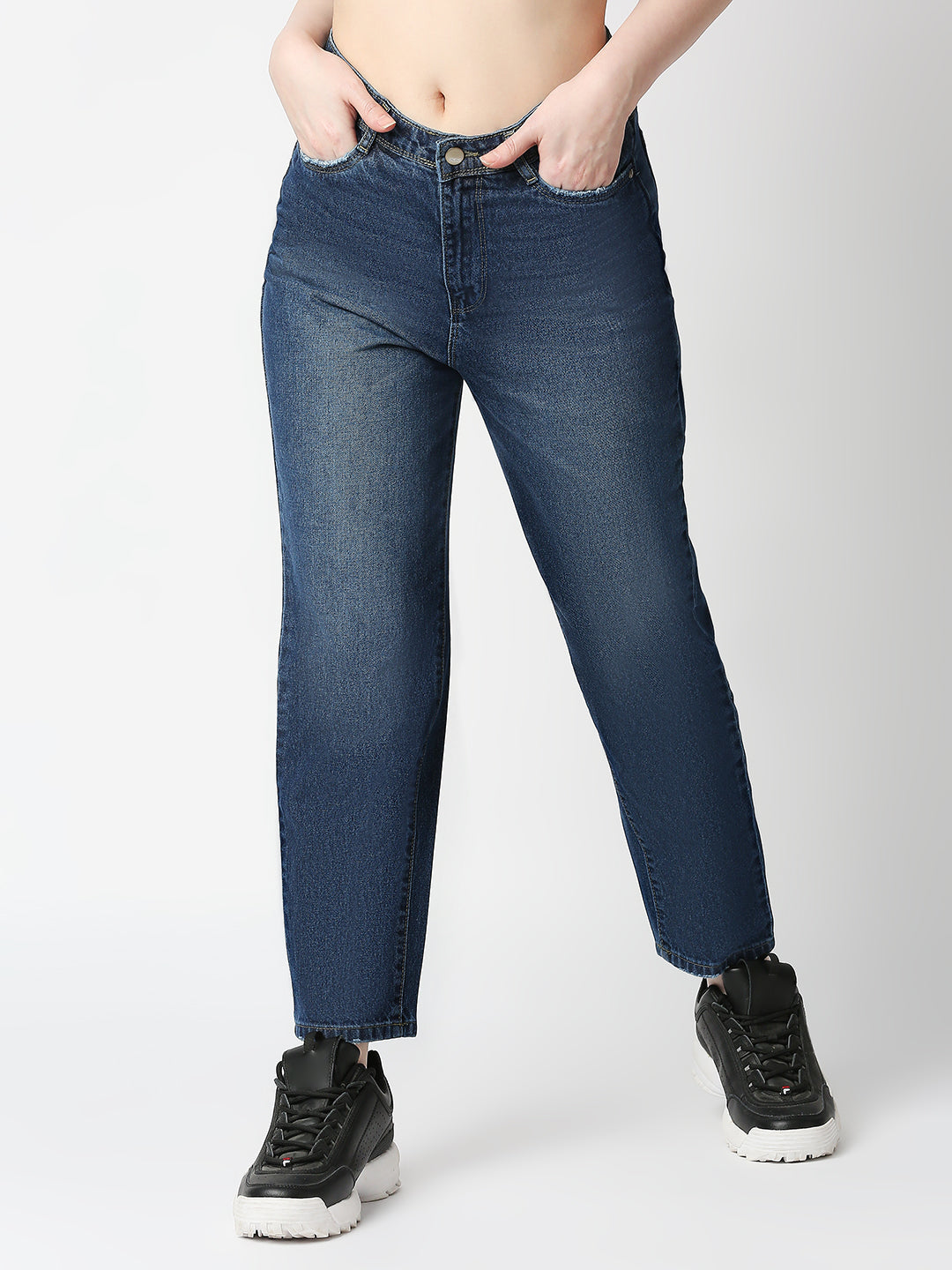 Women Dark Blue High-Rise Mom Fit Jeans