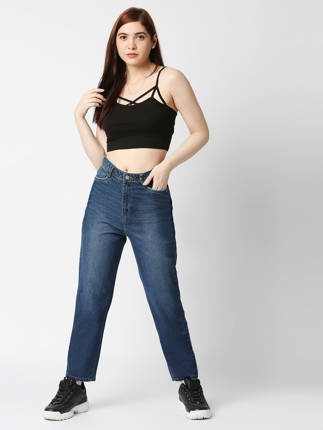Women Dark Blue High-Rise Mom Fit Jeans